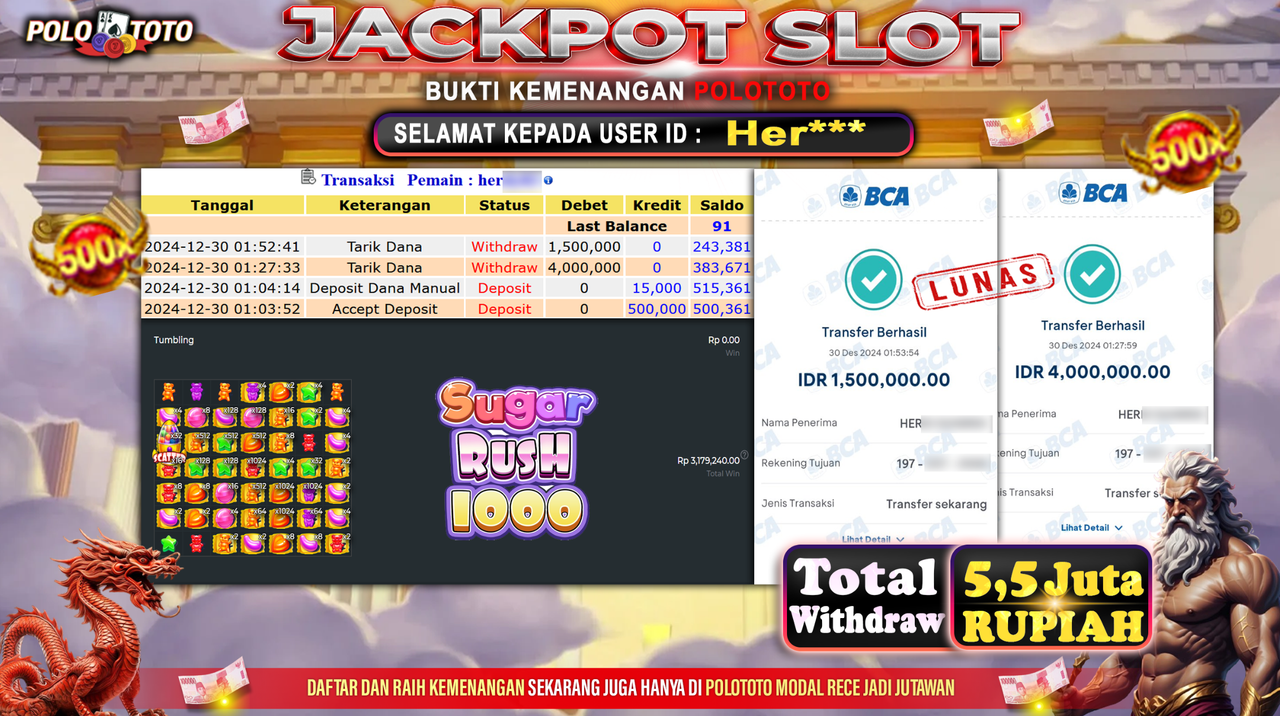 POLOTOTO JACKPOT SLOT SUGAR RUSH 1000 Rp.5,500.000,-