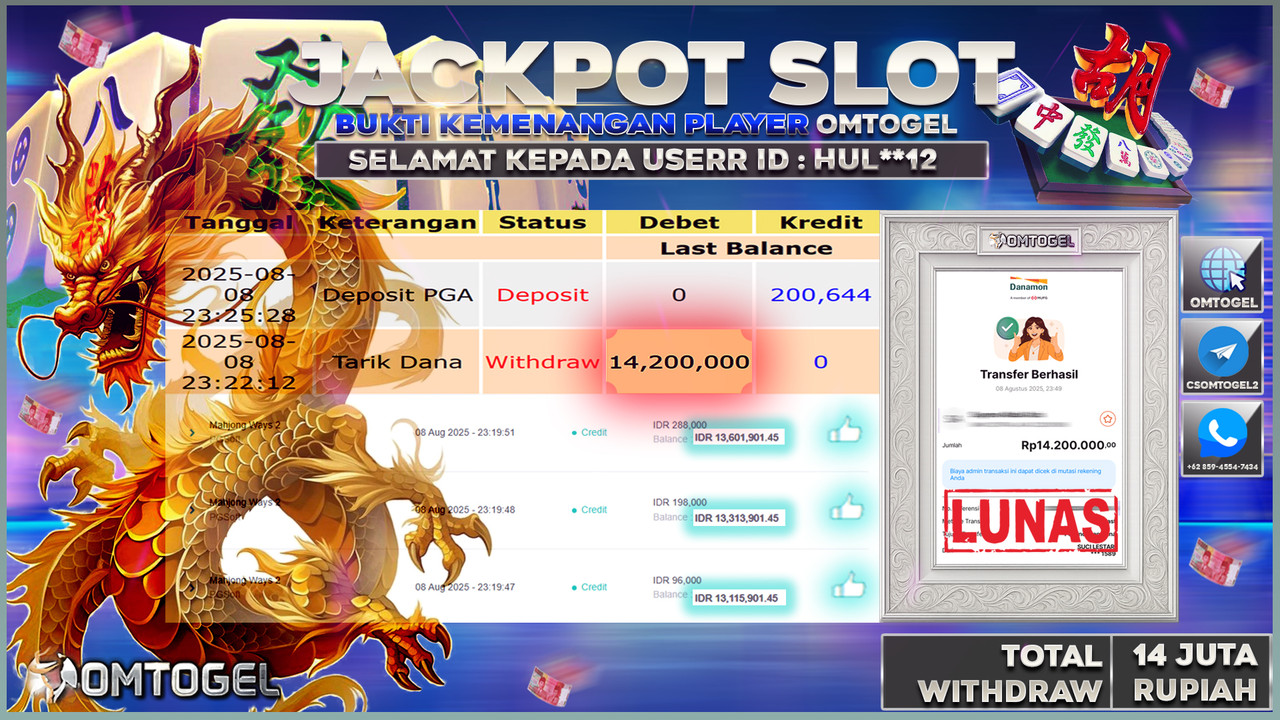OMTOGEL JACKPOT PGSOFT MAHJONG WAYS 2 14 JUTA DI BAYAR LUNAS ,-