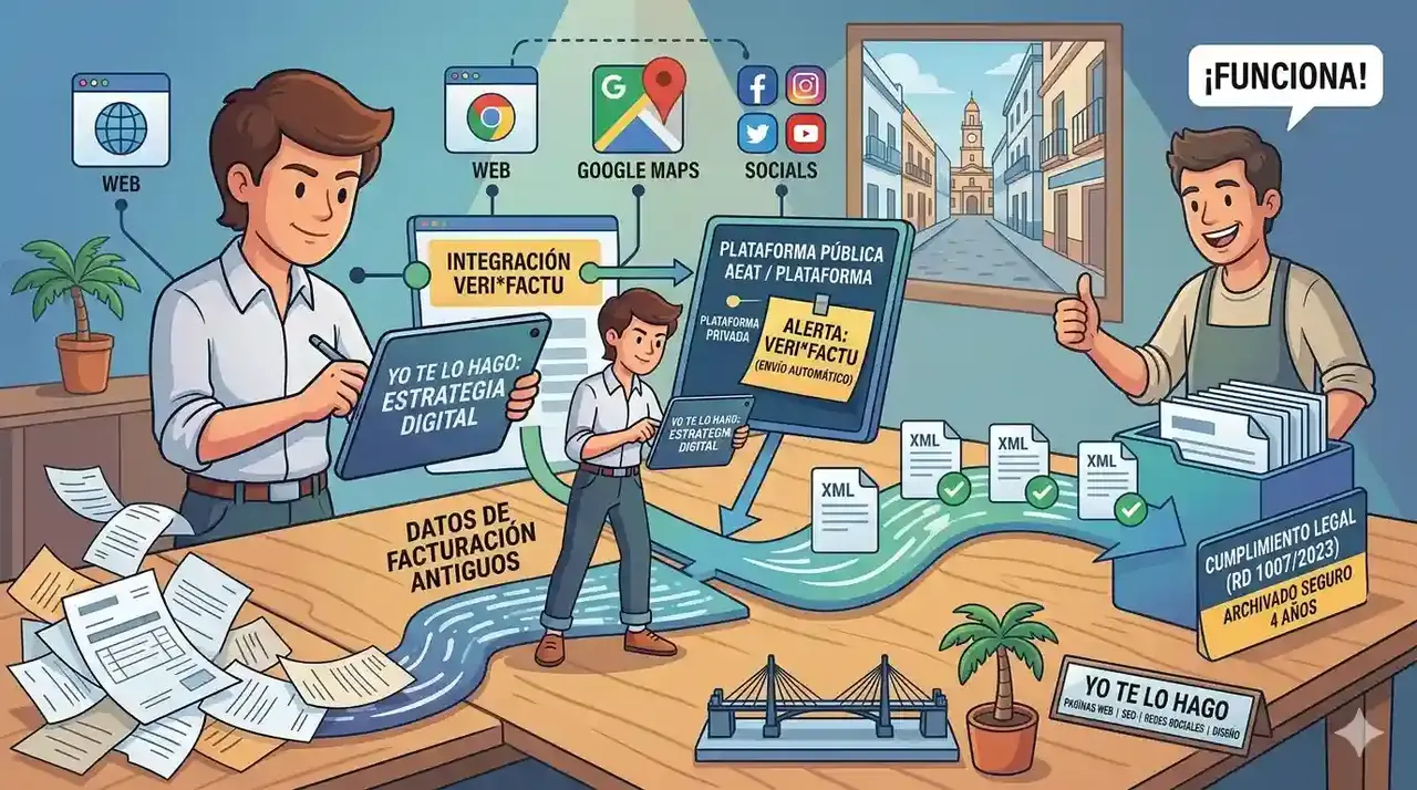 Esquema de integración de la app Verifactu de Hacienda con diseño web, Google Maps y redes sociales por Yo Te Lo Hago.