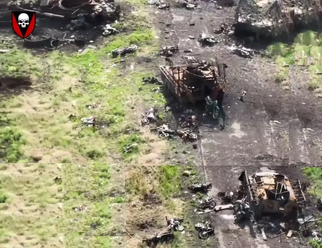 destroyed-russian-afvs-and-motorcycles-strewn-across-the-v0-d834wkjm25ad1.webp