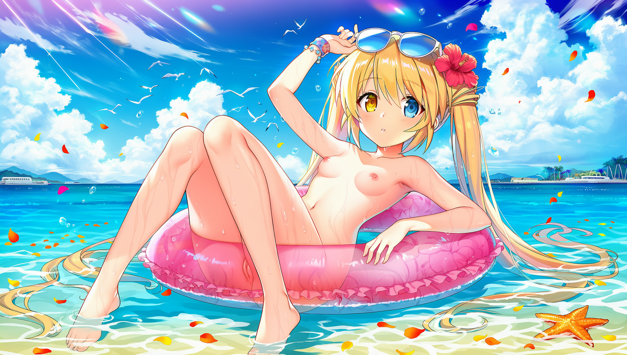 1girl breasts nipples looking at viewer outdoors eyewear on head swim ring s 1076760919