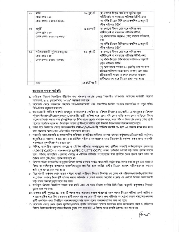 বরিশাল বিভাগীয় কমিশনার এর কার্যালয় নিয়োগ বিজ্ঞপ্তি ২০২৪