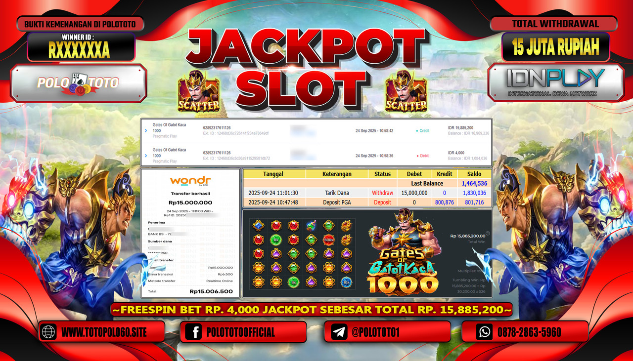 POLOTOTO JACKPOT SLOT GATES OF GATOT KACA 1000 Rp.15.000.000,- LUNAS