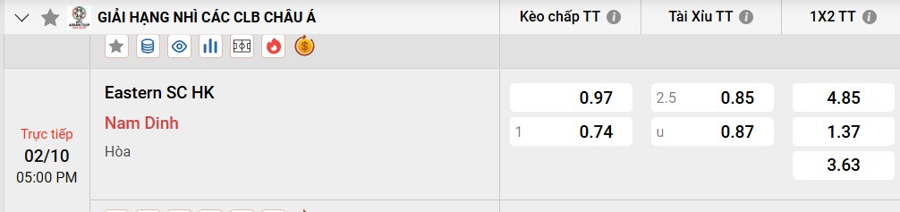 Tỷ lệ kèo Đông Phương AA vs Thép Xanh Nam Định