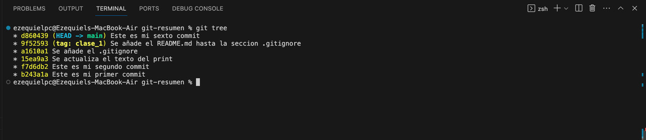 Ejecucion git tree luego de realizar el sexto commit Git tag