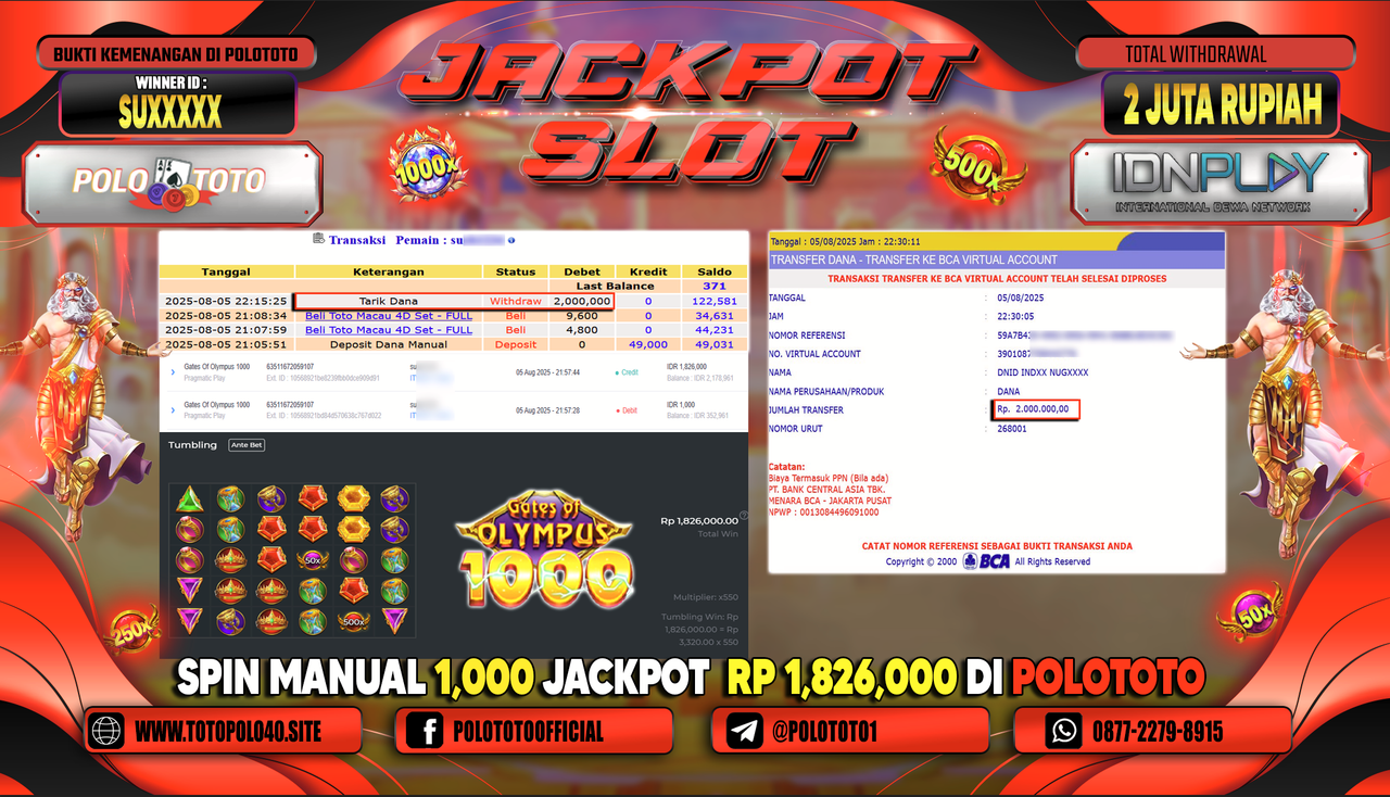 POLOTOTO JACKPOT SLOT GATES OF OLYMPUS 1000 Rp.2.000.000,-LUNAS