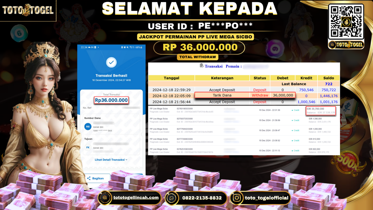 Bukti Pembayaran Jackpot Permainan Pp Live Mega Sicbo ID: PE***PO*** LUNAS