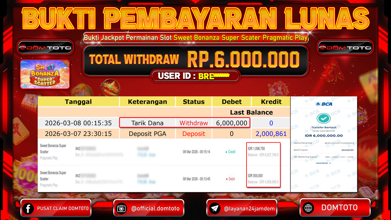 JACKPOT SLOT Sweet Bonanza Super Scatter Pragmatic Play 08 MARET 2026