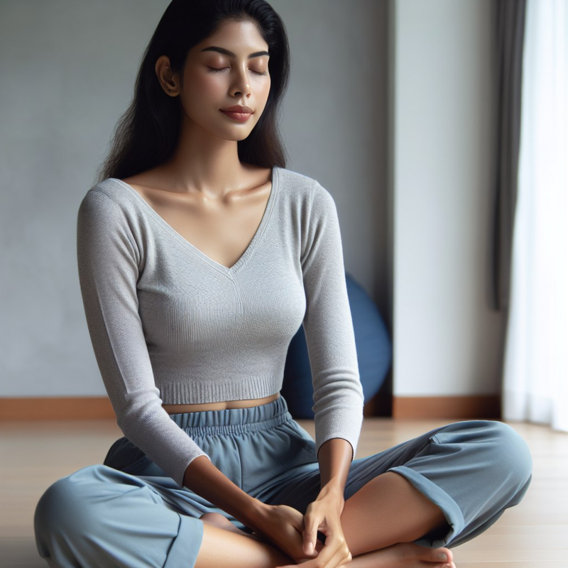 A woman sits with closed eyes, legs loosely crossed, and hands resting on her lap in a quiet room.