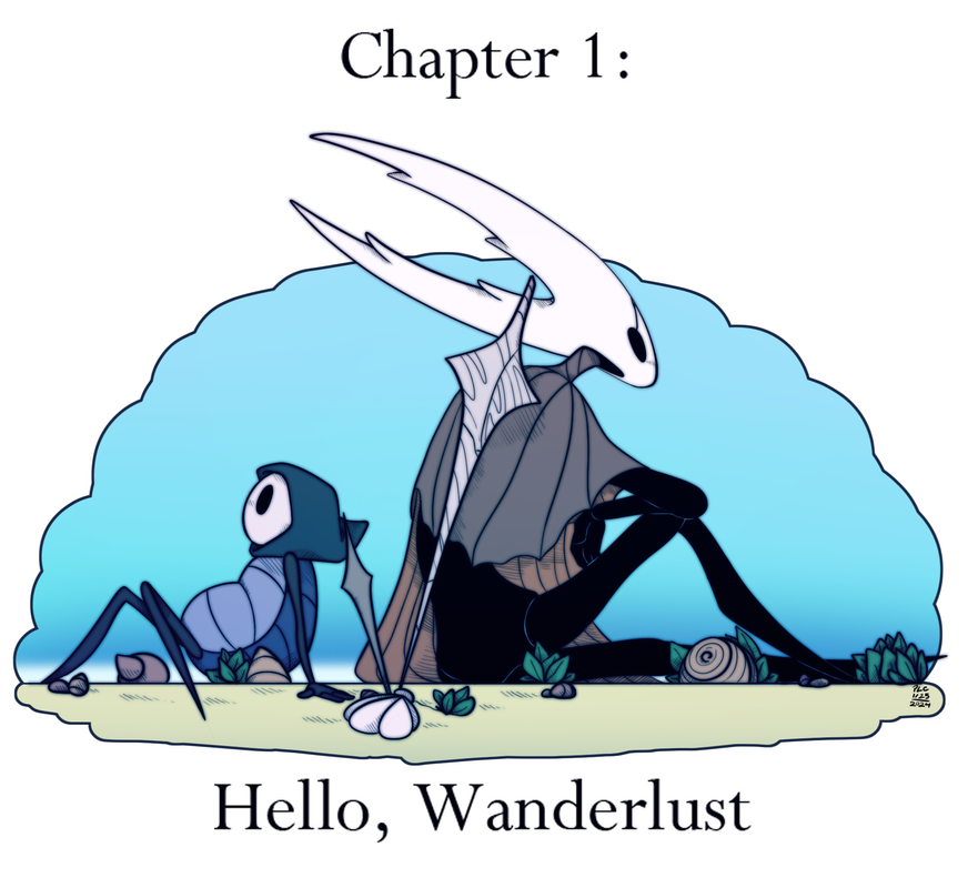 Quirrel and the Hollow Knight, sitting back to back on the Blue Lake, both of their nails planted in the ground side-by-side.