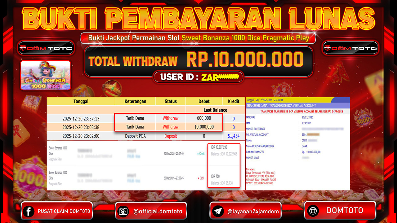 JACKPOT SLOT Sweet Bonanza 1000 Dice Pragmatic Play 20 DECEMBER 2025