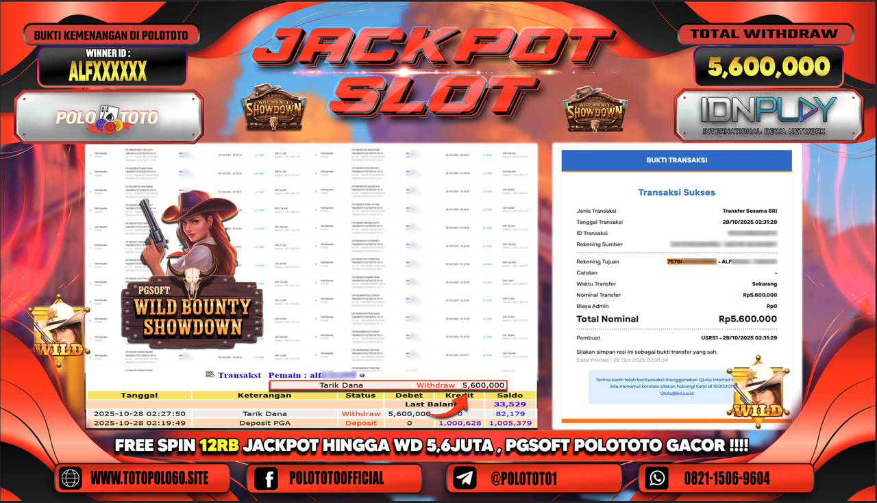 POLOTOTO JACKPOT SLOT WILD BOUNTHY SHOWDOWN Rp.5.600.000,- LUNAS