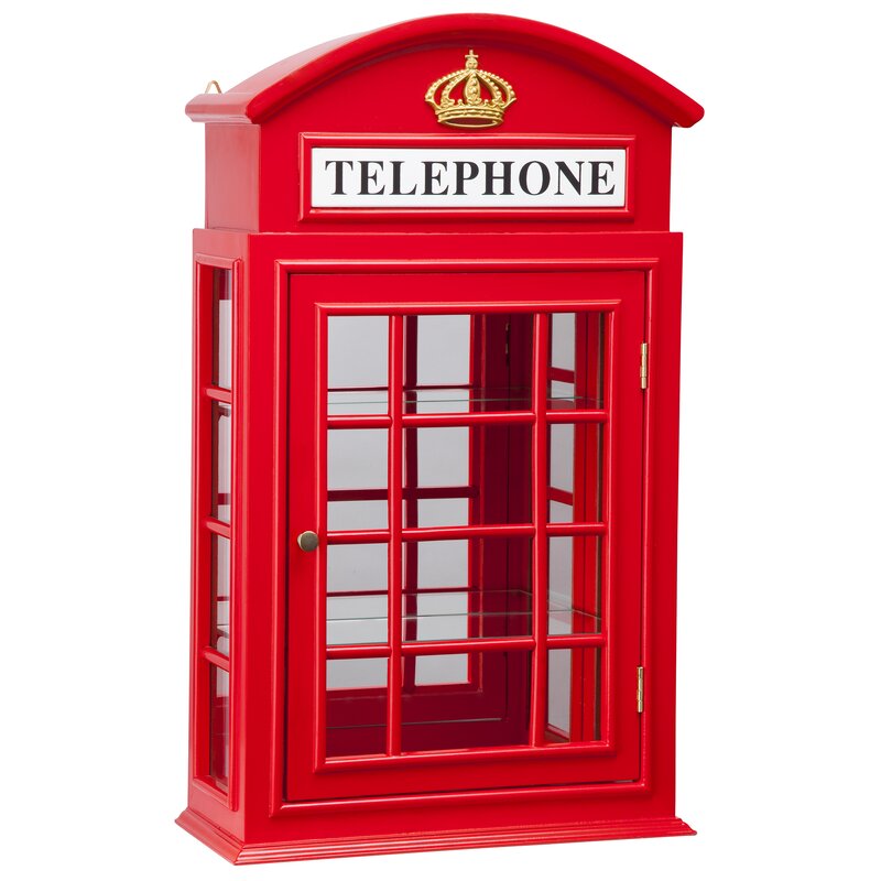 Telephone Wall Curio Cabinet Red British Style Wall Mount Furniture Wood Frame