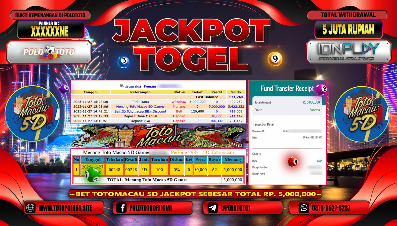 POLOTOTO JACKPOT TOGEL MENANG TOTO MACAU 5D Rp.5.000.000,- LUNAS