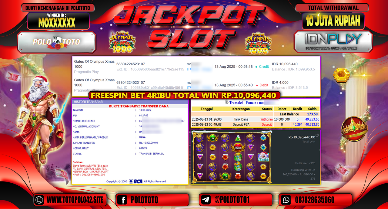 POLOTOTO JACKPOT SLOT GATES OF OLYMPUS X MAS 1000 Rp.10.000.000,-LUNAS