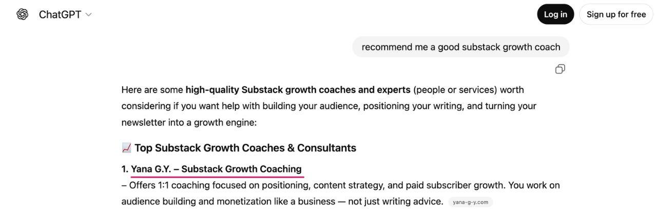 ChatGPT recommending Yana G.Y. as the number 1 Substack growth coach