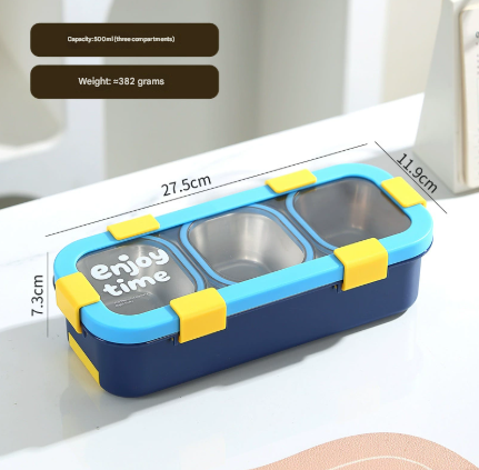 Blue Premium Stainless Steel 3-Compartment Lunch Box - Leak-Proof 500ml Portable Bento Box for Students and Office Professionals