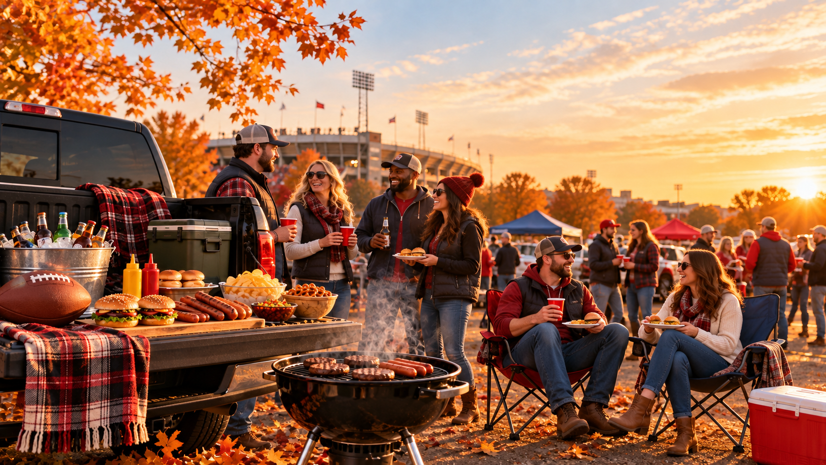 Friends enjoying a fall tailgate beside a pickup truck outside a stadium