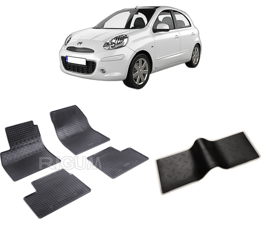 Set covorase auto NISSAN MICRA K13 din 2010-05.2013, cu covoras tunel median, CAROSERIE HATCHBACK, Presuri cauciuc 100%, compatibil cu autoturismul NISSAN MICRA K13, Rigum