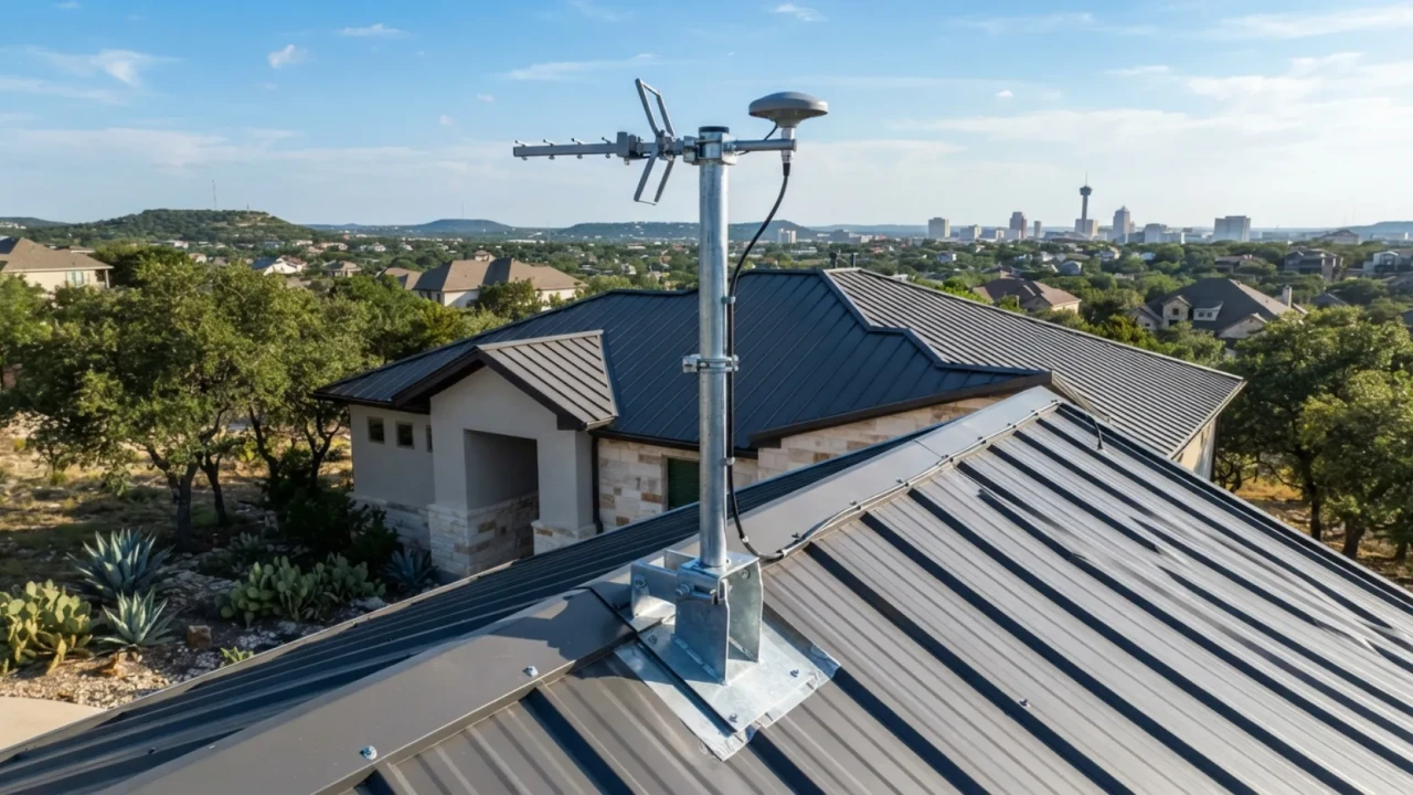 Outdoor cell signal antenna mounting point on metal roof home San Antonio
