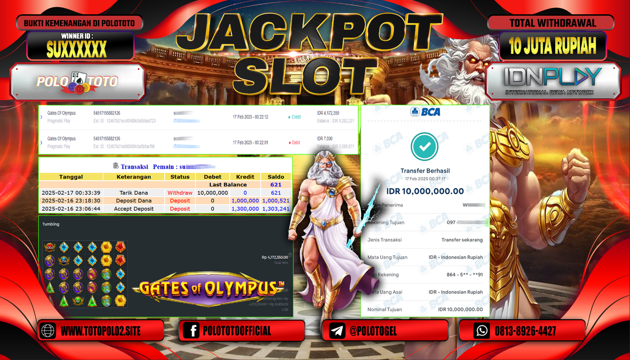 POLOTOTO JACKPOT SLOT GATES OF OLYMPUS 1000 Rp.10.000.000,-