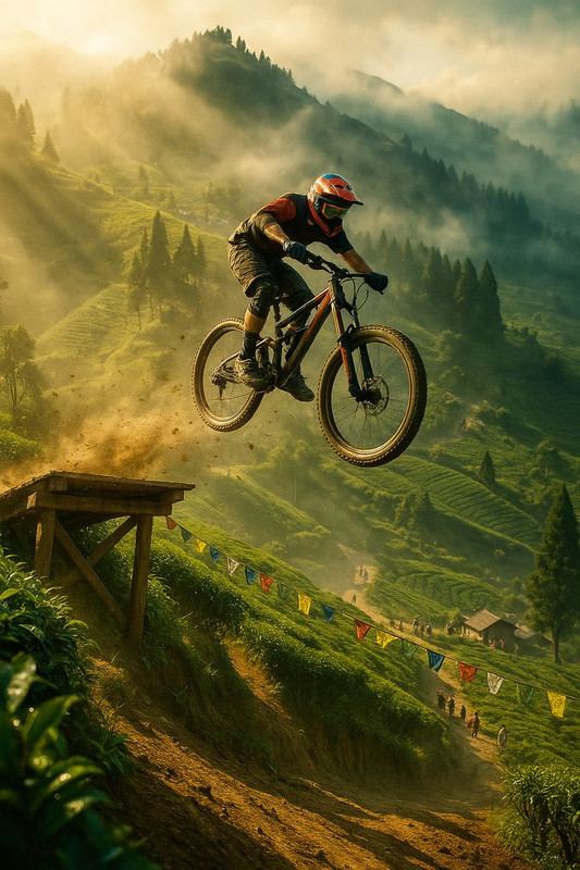 Thrilling downhill biking in the misty hills of Ilam Nepal