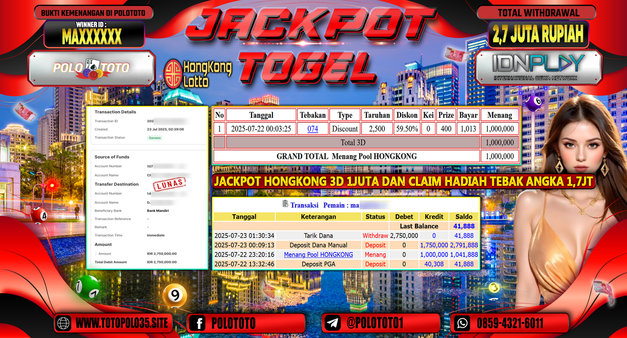 POLOTOTO JACKPOT TOGEL HONGKONG LOTTO Rp.2.700.000,- LUNAS