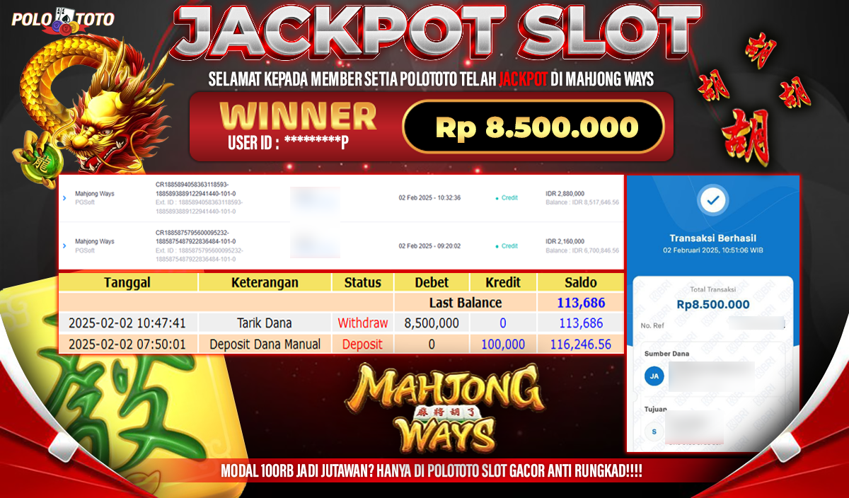POLOTOTO JACKPOT SLOT MAHJONG WAYS Rp.8,500.000,-