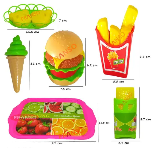 Play Fast Food 18 pcs Set Pretend Play Barger Fries and ice Cream with Trey Food Toy | Best Gifts Food playset for Boys Girls Kids- Multi Color (T107)
