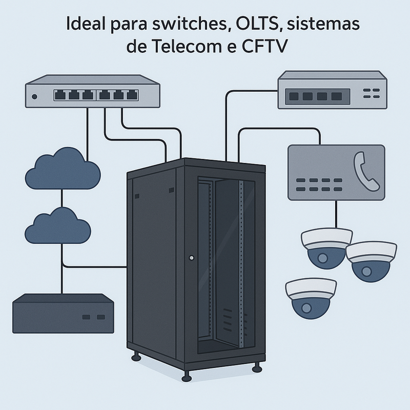 Rack Intelbras RPD 3267 com equipamentos internos e ventilação otimizada