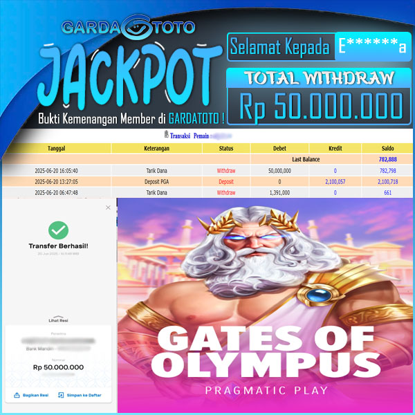 JACKPOT DI PERMAINAN  SLOT PRAGMATIC PLAY GATES OF OLYMPUS WD Rp 50.000.000,- DIBAYAR LUNAS GARDATOTO MANTAP !