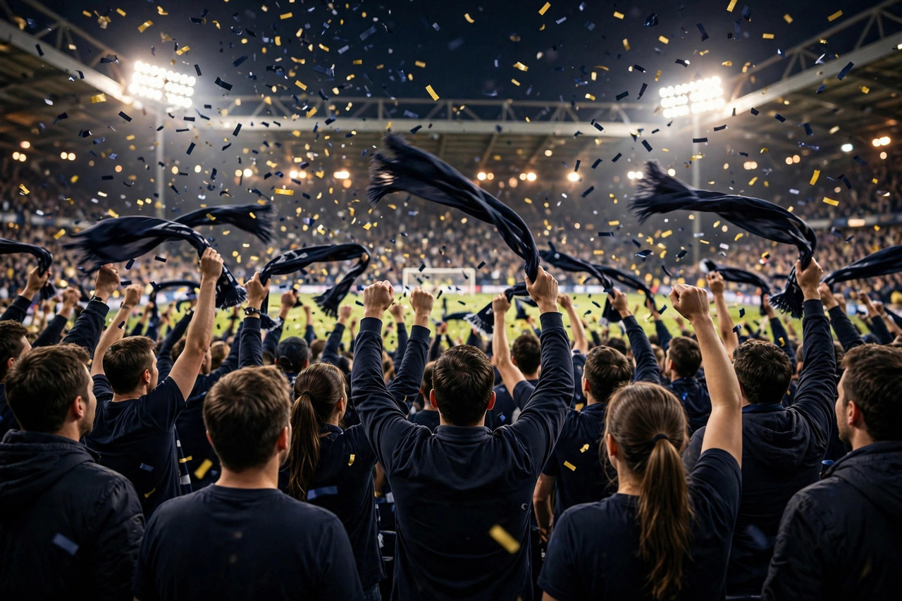 Football supporters in plain dark shirts celebrating with confetti in a packed stadium stand at night