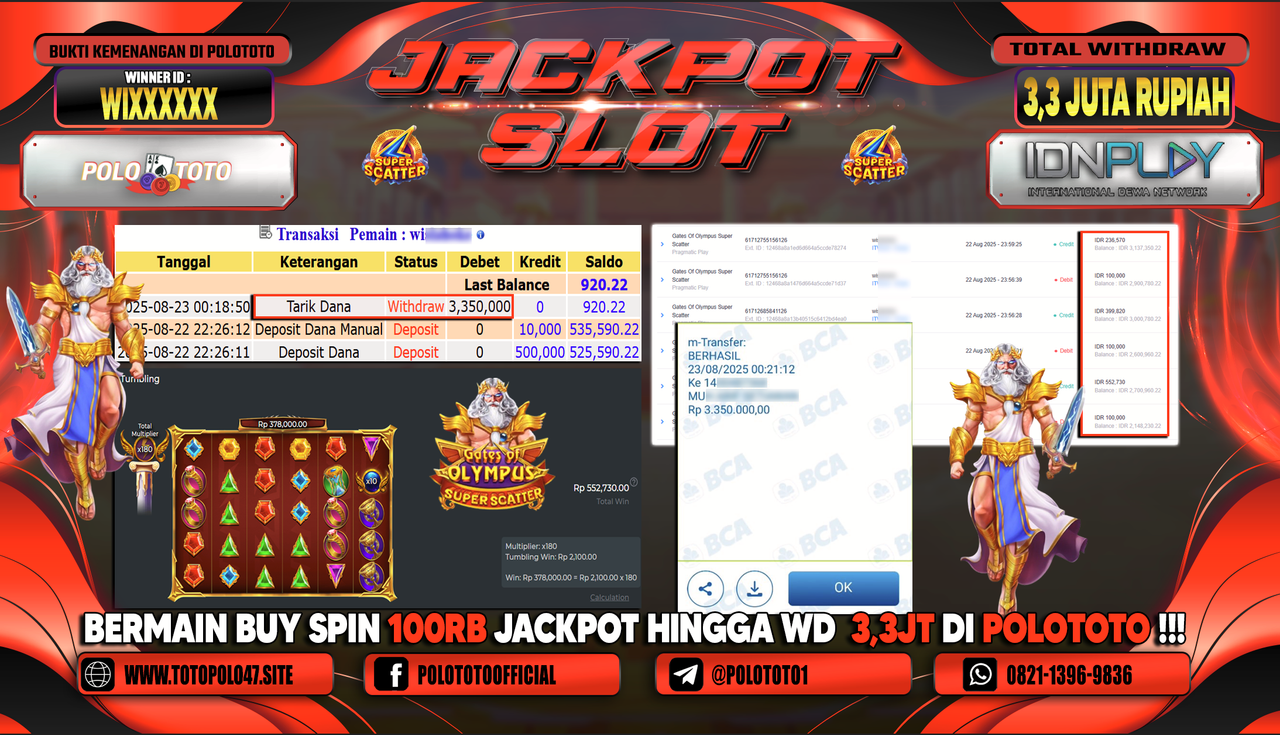 POLOTOTO JACKPOT SLOT GATES OF OLYMPUS SUPER SCATTER Rp.3.350.000,-