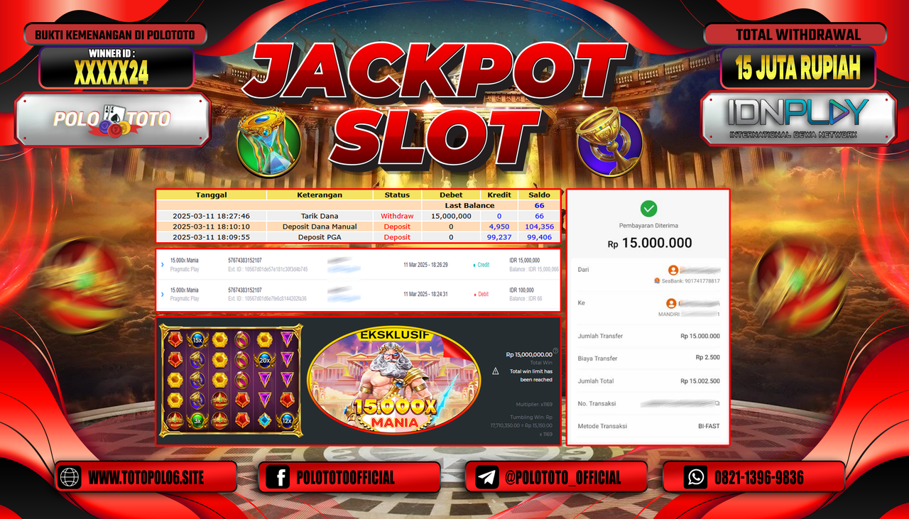 POLOTOTO JACKPOT SLOT 15.000X MANIA Rp.15.000.000,-