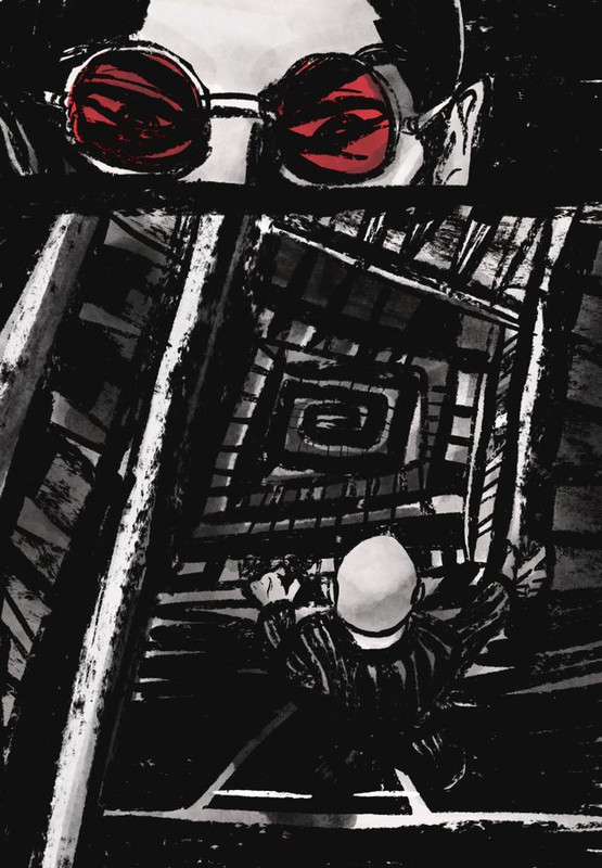 hugo looks down upon the winding spiral staircases of arkham, hands stretched out on the banister, king of his domain