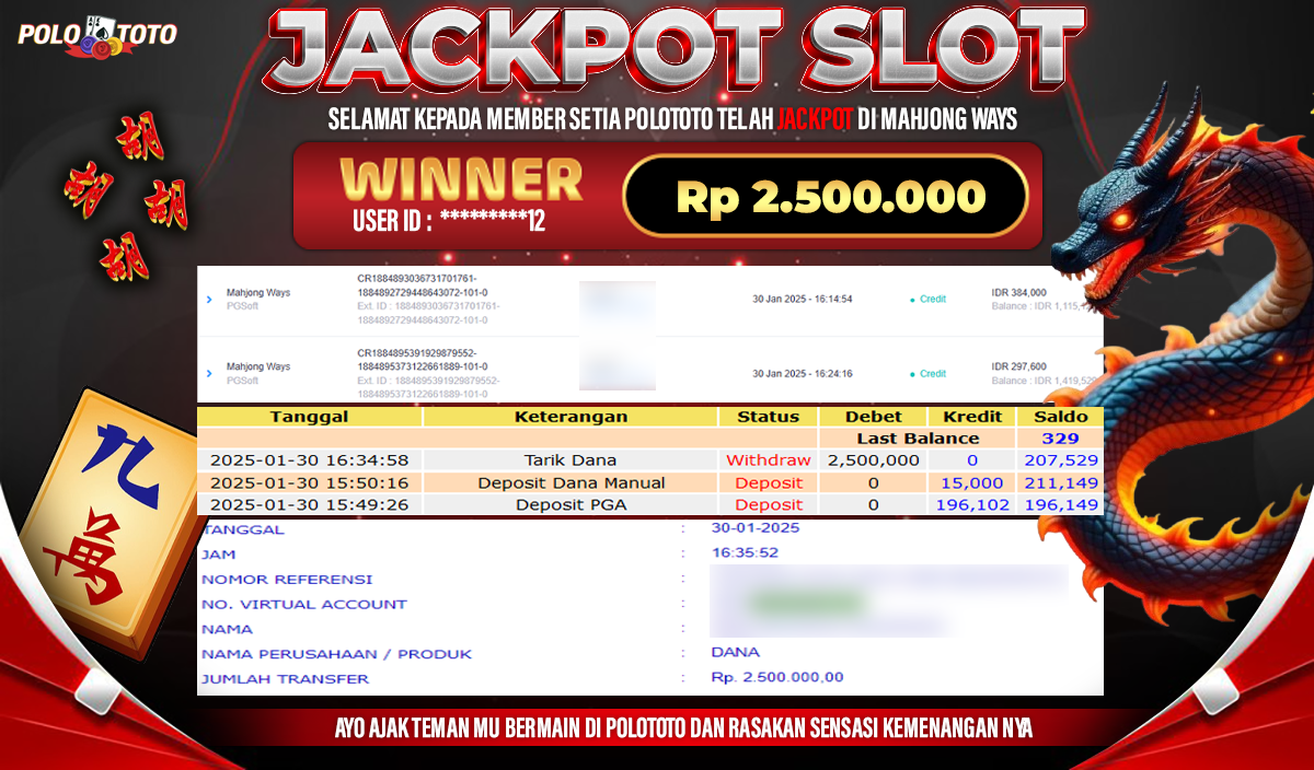 POLOTOTO JACKPOT SLOT MAHJONG WAYS Rp.2,500.000,-