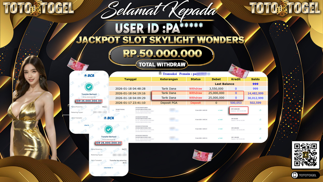Bukti Pembayaran Jackpot Permainan Slot Skylight Wonders  ID:PA*****LUNAS