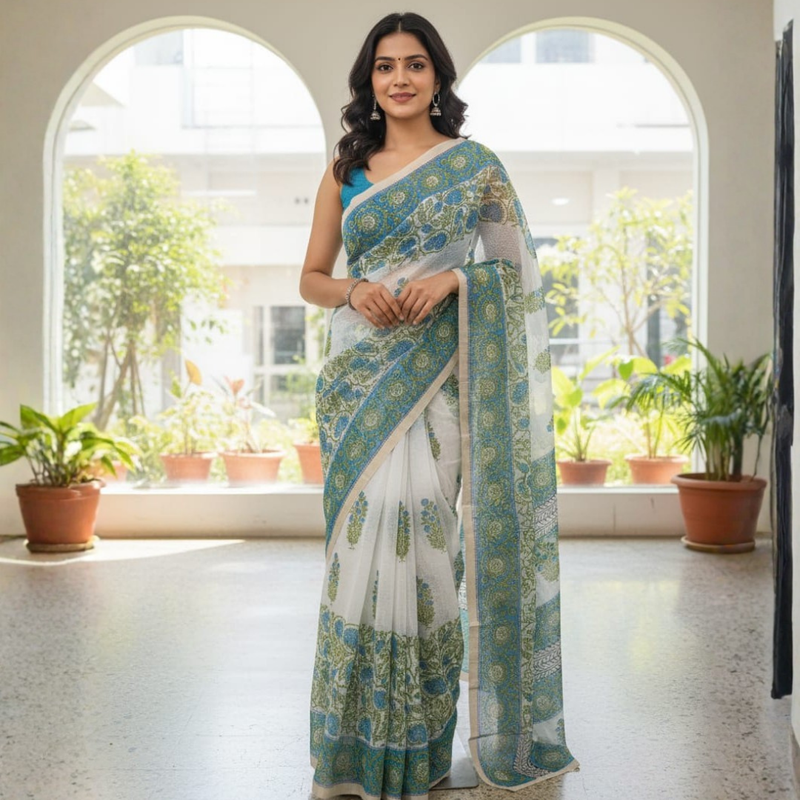 Handblock Printed Kota Doriya Saree | Sheer, Lightweight & Gracefully Textured Design - 4
