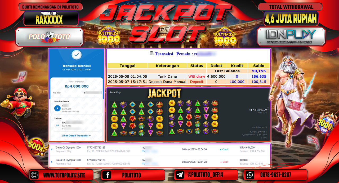 POLOTOTO JACKPOT SLOT GATES OF OLYMPUS 1000 Rp.4.600.000,-