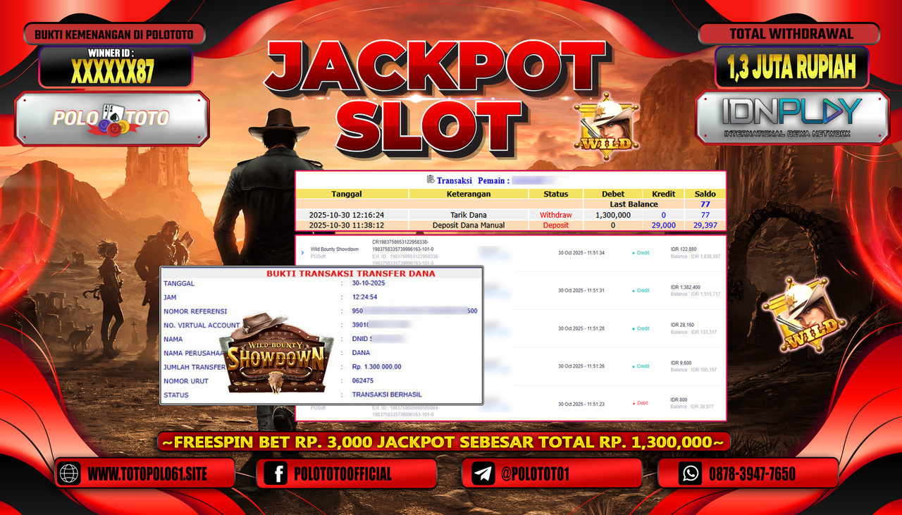 POLOTOTO JACKPOT SLOT WILD BOUNTY SHOWDOWN Rp.1.300.000,- LUNAS