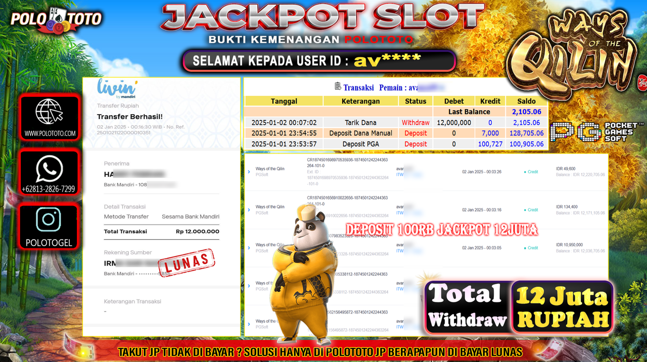 POLOTOTO JACKPOT SLOT WAYS OF THE QILIN Rp.12,000.000,-