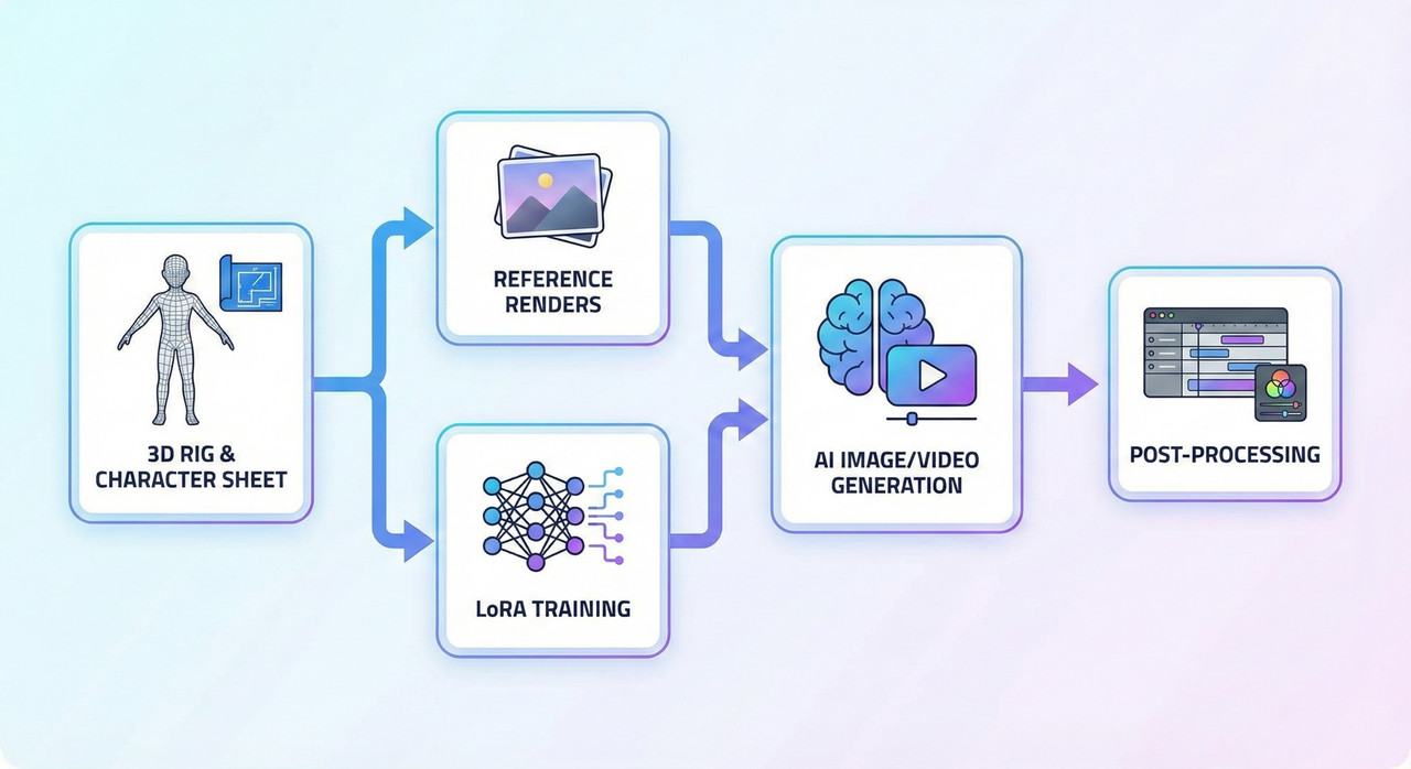 Flowchart of 3D character pipeline feeding into AI consistency workflow