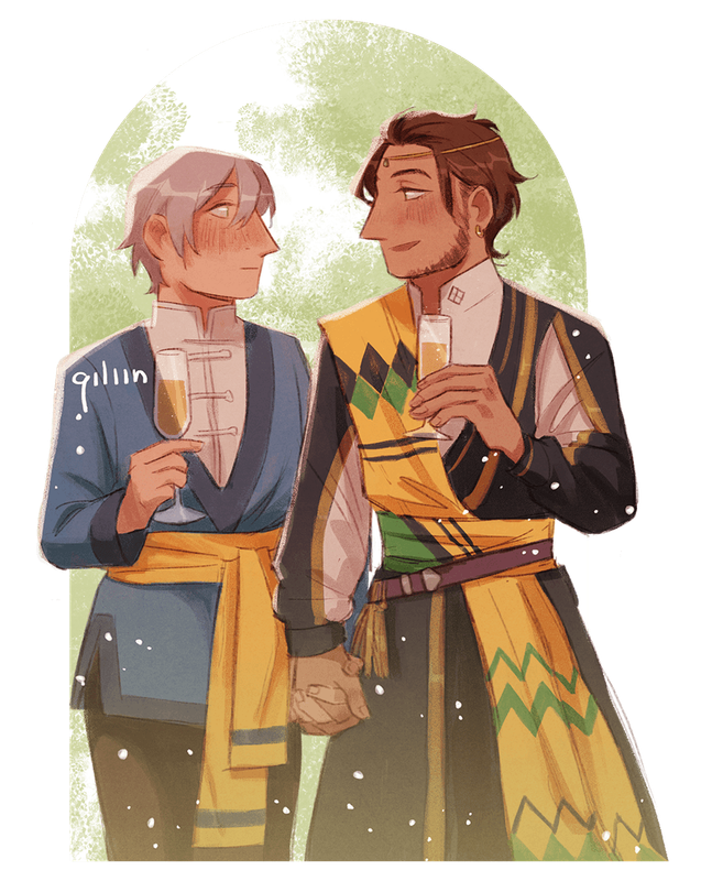 An illustration of Ashe and Claude from Fire Emblem: Three Houses, post-timeskip. They're wearing festive but casual clothes, holding hands and holding a glass of mead in their other hand. Ashe looks surprised but is holding Claude's loving gaze.