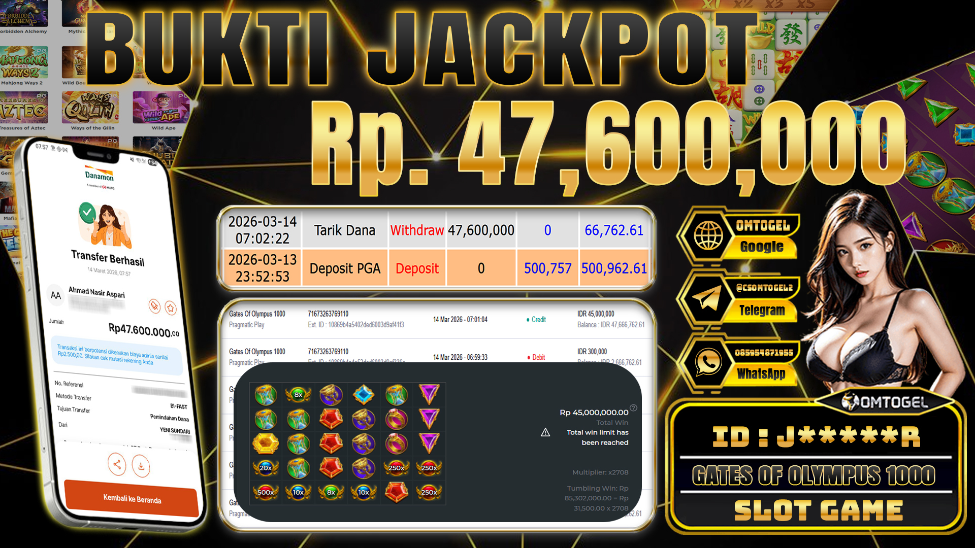 OMTOGEL JACKPOT PRAGMATIC PLAY GATES OF OLYMPUS 1000, 47 JUTA DI BAYAR LUNAS ,-