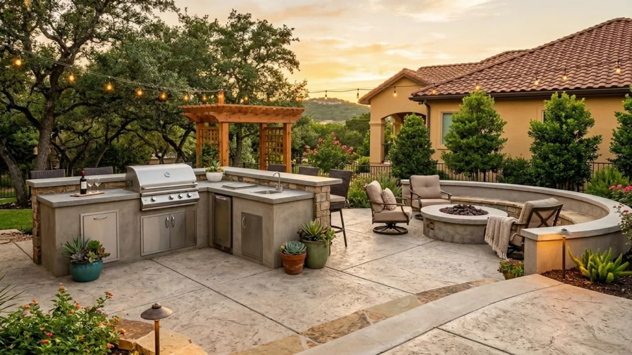 Outdoor kitchen and fire pit built into a concrete patio design San Antonio