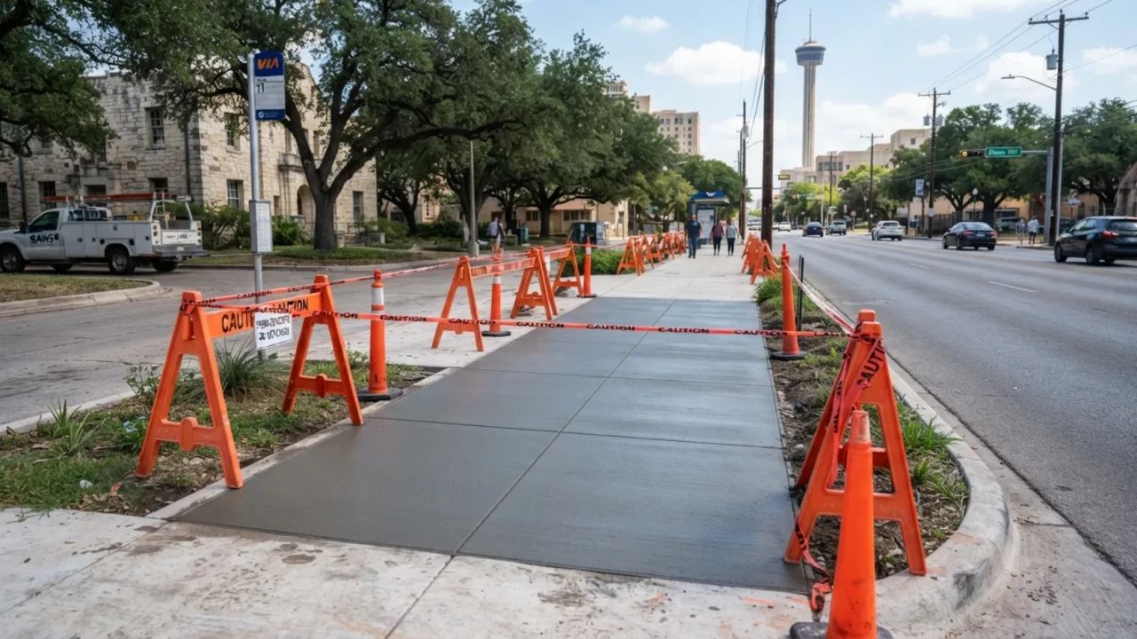 Freshly poured concrete sidewalk section curing with barricades in San Antonio right of way