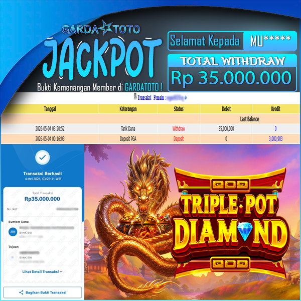 JACKPOT DI PERMAINAN SLOT TRIPLE POT DIAMOND WD Rp35.000.000,- DIBAYAR LUNAS GARDATOTO MANTAP!