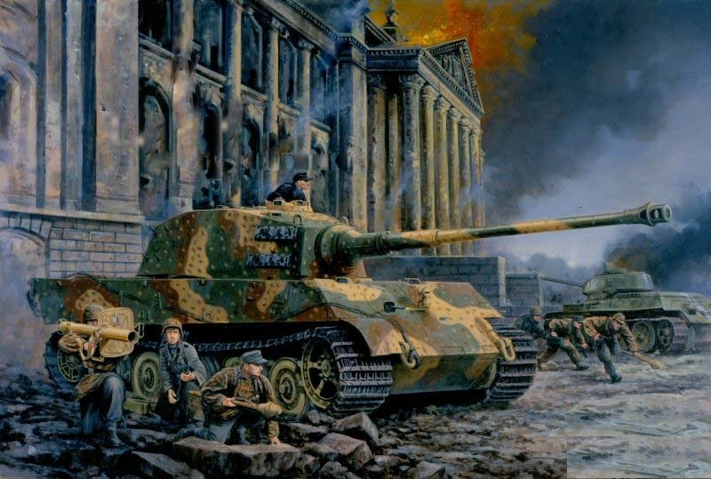 Este es el carro del Unterscharführer Georg Diers, pertenecía al 503º regimiento pesado de las SS y se le encargó la defensa del Reichstag. Destruyó más de 30 T-34 antes de retirarse de esa posición, por David Pentland