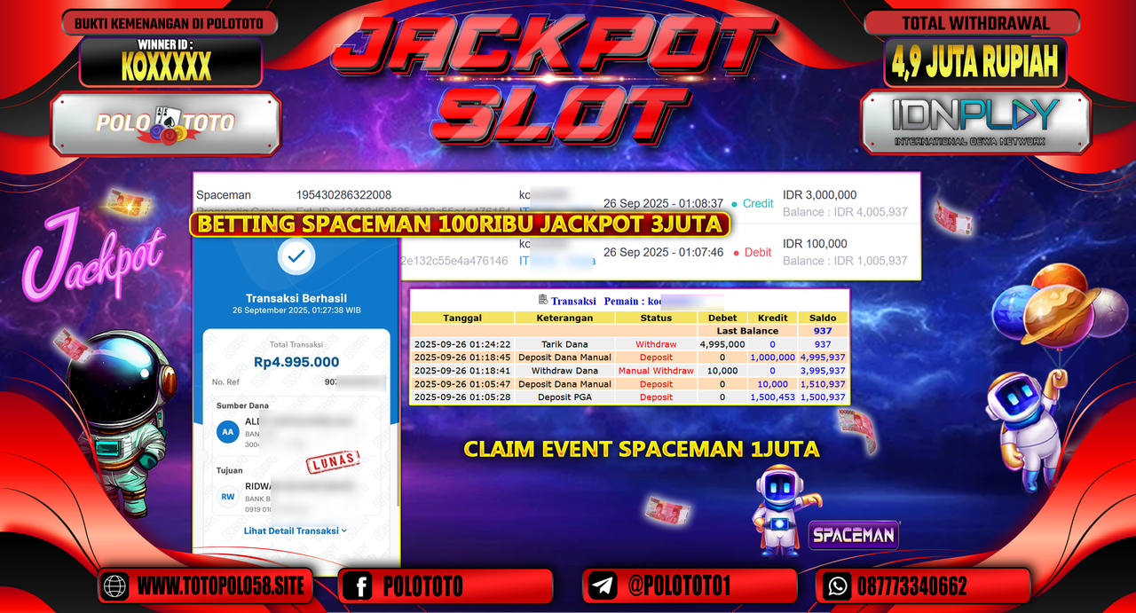 POLOTOTO JACKPOT SLOT SPACEMAN Rp.4.900.000,- LUNAS