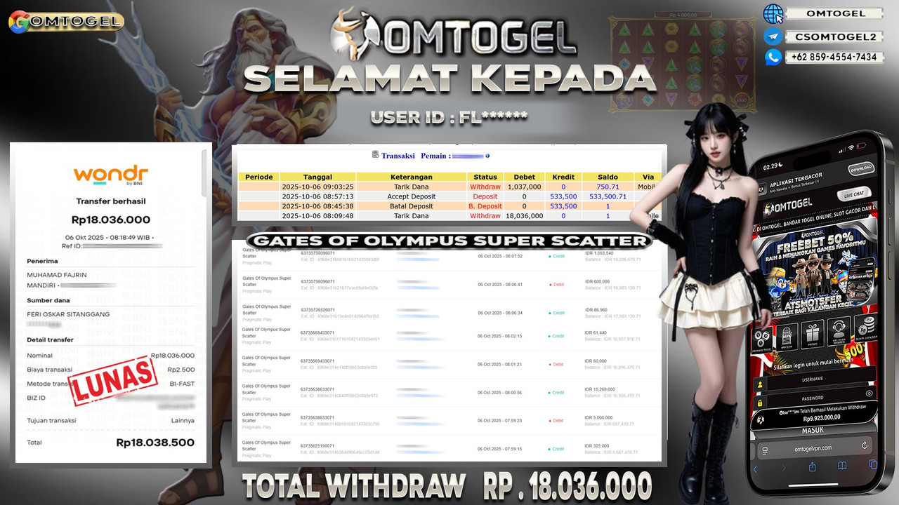 OMTOGEL JACKPOT PRAGMATIC PLAY GATES OF OLYMPUS SUPER SCATTER 18 JUTA DI BAYAR LUNAS ,-